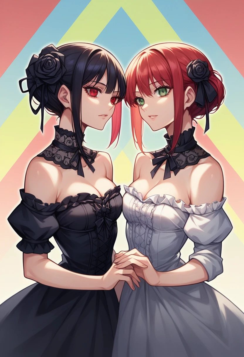 Beautiful Hardcore Illustration homepage illustration style, dark, high resolution, hard touch illustration, strong outline, two girls, gothic & lolita style, gothic & lolita fashion, 8k, American comic style, colorful background, Hiroyuki Nagasaka, aggressive, beautiful face, cool beauty, dress, beauty style, red color, battle, Hard illustration, red colored hair, Two persons, rose, backwards,