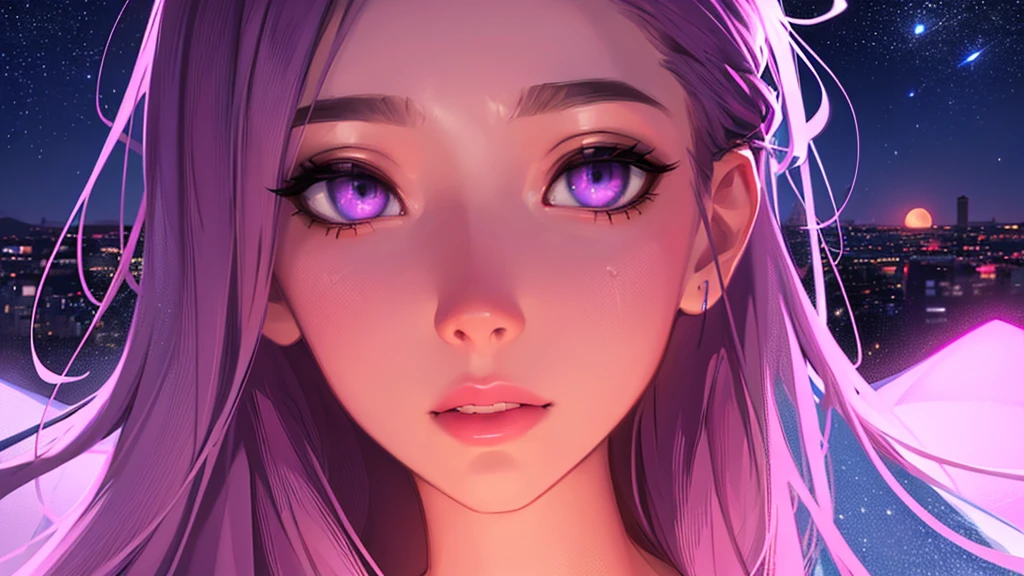 A person staring out a window, detailed face, detailed eyes, detailed lips, detailed facial features, beautiful night sky, purple and pink sky, glowing moon, stars, cityscape in background, digital illustration, cinematic lighting, vibrant colors, photorealistic, masterpiece, hyper detailed, 8K, sharp focus, physically-based rendering, studio lighting