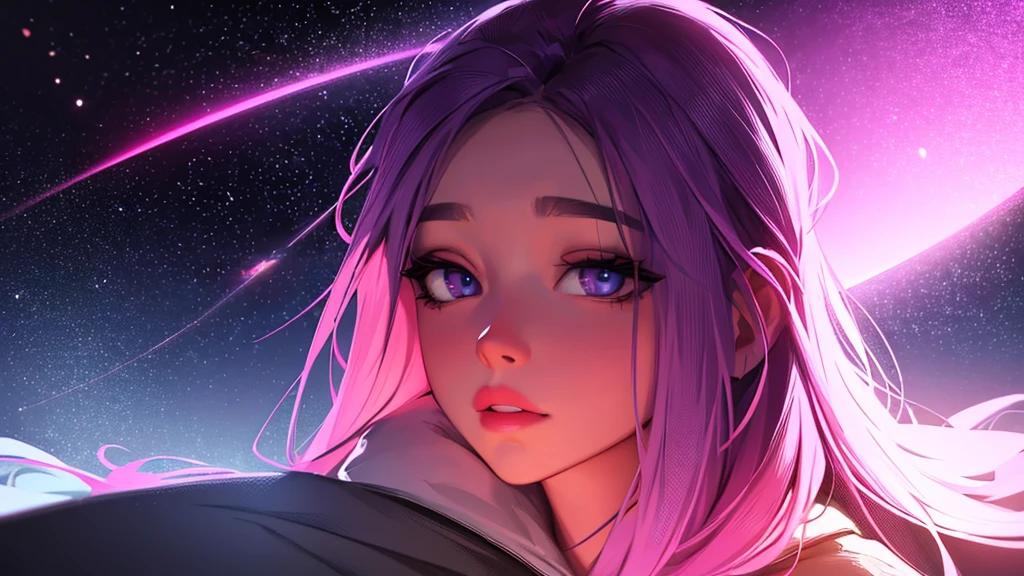 A person staring out a window, detailed face, detailed eyes, detailed lips, detailed facial features, beautiful night sky, purple and pink sky, glowing moon, stars, cityscape in background, digital illustration, cinematic lighting, vibrant colors, photorealistic, masterpiece, hyper detailed, 8K, sharp focus, physically-based rendering, studio lighting