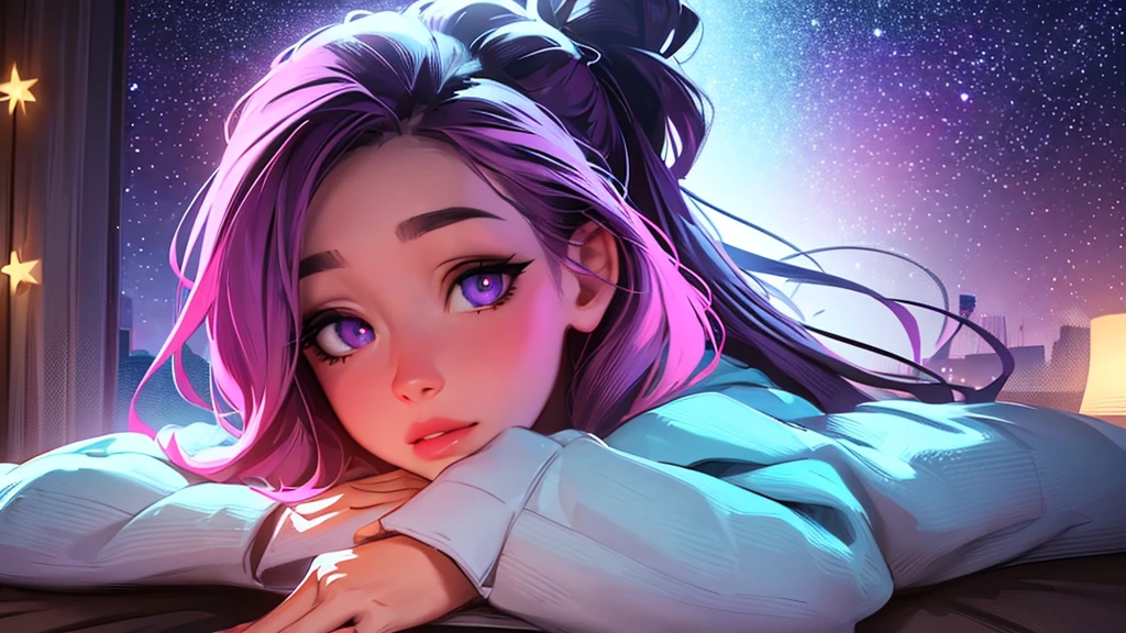 A person staring out a window, detailed face, detailed eyes, detailed lips, detailed facial features, beautiful night sky, purple and pink sky, glowing moon, stars, cityscape in background, digital illustration, cinematic lighting, vibrant colors, photorealistic, masterpiece, hyper detailed, 8K, sharp focus, physically-based rendering, studio lighting