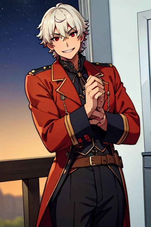 Perfect face. Perfect hands. A young white haired man with red eyes in a Gothic sheriff's uniform is watching the stars in a wild west town with a big smile