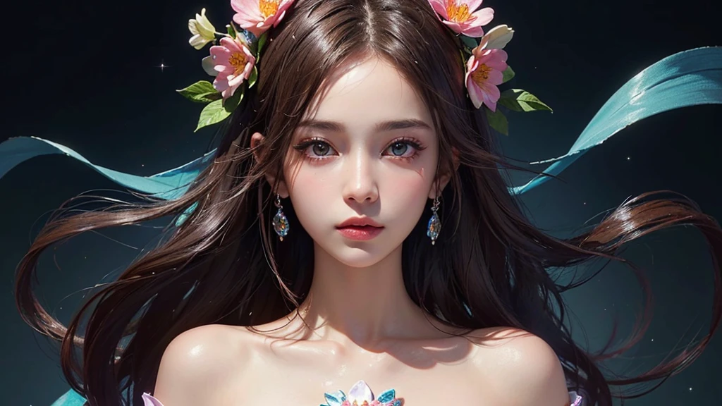 One girl, alone, flower畑, flower, (Official Art, unity 8k wallpaper, Super detailed, beautifully、aesthetic, masterpiece ,Highest quality:1.3), (Dynamic Angle:1.2), (Floating colorful sparkles:1) , elegant, Vibrant colors, Highly detailed face, Detailed eyes, Glowing Skin, Glossy Lips ,