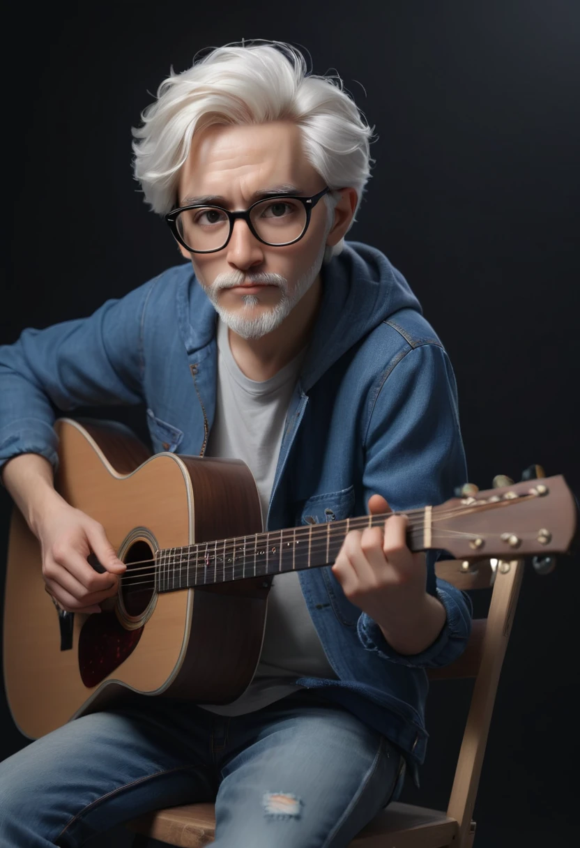 ultra-realistic photography of this person has white hair, wears small frame glasses, blue clothes, blue jeans, white sneakers, sitting on a chair playing an acoustic guitar, black background self-pleasure:1.2, stoic cinematic 4k epic detailed 4k epic detailed photograph shot on kodak detailed bokeh cinematic, detailed face, natural skin texture,full body