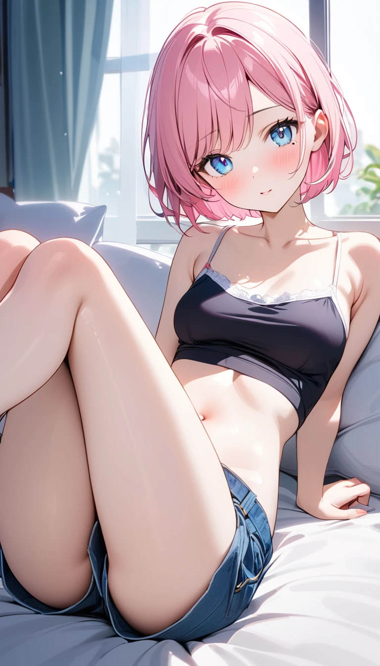 (1 girl),(Best Picture Quality, 8K, Masterpiece:1.3), (high school student:1.5), ((pink lob hair:1.1)), (bob cut),(swept bangs), (cute eyes, pupil black, iris skyblue, youthful face), (mole under right eye), (standard weight), (small breasts),((big hip:1.1)), (glistening skin:1.1),(pale skin:1.2),(legs up,lie on own back),(camisole, jean shorts),