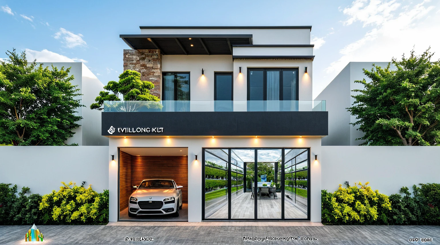 Masterpiece, high quality, best quality, authentic, super detail, outdoors, onestoreyvillaXL, aiaigroup, house style modern on the street ,stairs, white wall ,road,pavement, grass, trees, sky, cloud, (daylight:1.1),((pool front of villa))