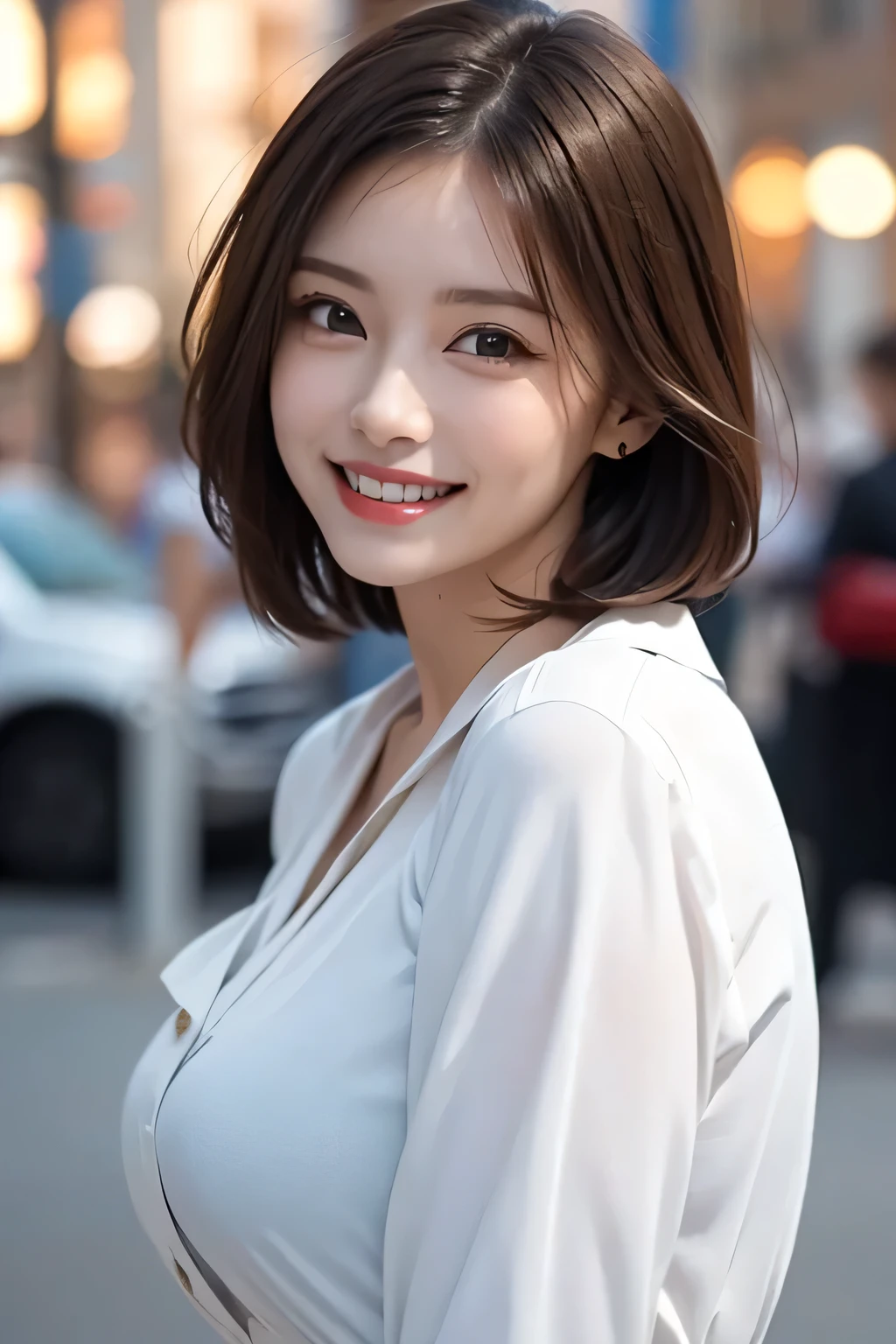 ((masterpiece)), ((Highest quality)), ((Complex)), ((Surreal)), (Realistic), (Mature Woman), ((No classes)), Very detailed, (1 female), Beautiful and exquisite, (Beautiful Teeth), Grin, Brunette Bob Hair, Brown eyes, ((blouse)), (Upper Body), (background:none), Perfect Eyes, Captivating eyes, Looking at the audience