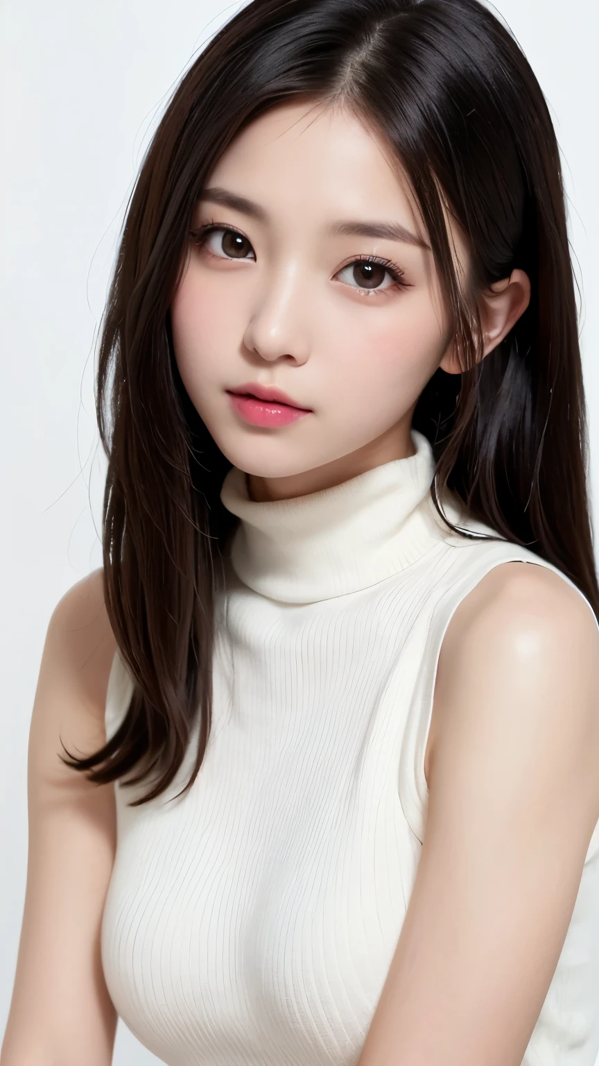 (((forehead、A calm face、Northern Europe、White、beautiful girl、Black Hair、White background、High neck sleeveless、cute、Young、True Face、Shiny Hair、whole body)))、table top, highest quality, figure, super detailed, finely, High resolution, 8k wallpaper, Perfect dynamic composition, detailed and beautiful eyes, Deco out,bionde, breasts, Natural color lip,white background, random cute poses,