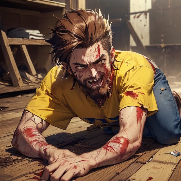 (master piece, best high quality image, very good detailed image, very good detailed character, very good detailed background, very detailed textures, carefully detailed and textures, character alone)
{{((1:character: 34 years old male terapist, (half-fair skin, brown eyes, spiky brown hair dirty with blood, chin brown beard dirt with blood, insane face, masochist demeanor, crazy laughter, bleeding face, bleeding hands, bleeding arms, holding broken glass, lying on the floor), (yellow broken t-shirt dirty with blood, blue jeans dirt with blood), (terapist office, wooden floor full of blood))}}