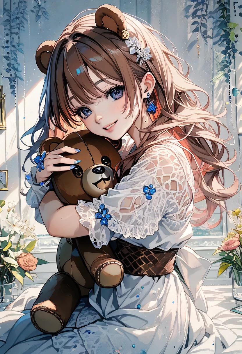 ((antique:1.5)),((hugging a teddy bear:1.5)),(Teddy bear),Beautiful and cute woman,1 Female,Solo,Sharp features,Sophisticated,((Watercolor:1.5)),whole body,超High resolution,((Attention to detail)),high quality,High resolution,最high quality,(vintage:1.4),(Cute pose:1.3),Dull color,So adorable,model like,Fluffy atmosphere,(Accurate body),((antiqueな服:1.5)),