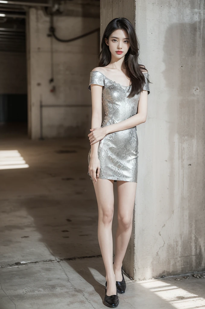 (((best quality))),(((ultra detailed))),(((masterpiece))),illustration,((1 beautiful girl,solo)),((slim,thin)),((small breasts,flat chest)),(shoulder length straight hair:1.2),summer afternoon,((unfinished concrete room,alluring,gray walls)),(short sleeves:1.2),(black lace dress:1.3),(slender legs:1.2),(loafers:1.2),seductive,elegant,full bosom,fair skin,golden strands,delicate features,deep brown eyes,mischief,mystery,enchanting smile,vibrant red lips,serene beauty,self-assuredness,industrial ambiance,raw cement walls,exposed pipes,sexuality,allure,refined beauty,compelling visual narrative,seductive gaze,elegant posture,industrial backdrop,lasting impression,((standing,from front,full body))