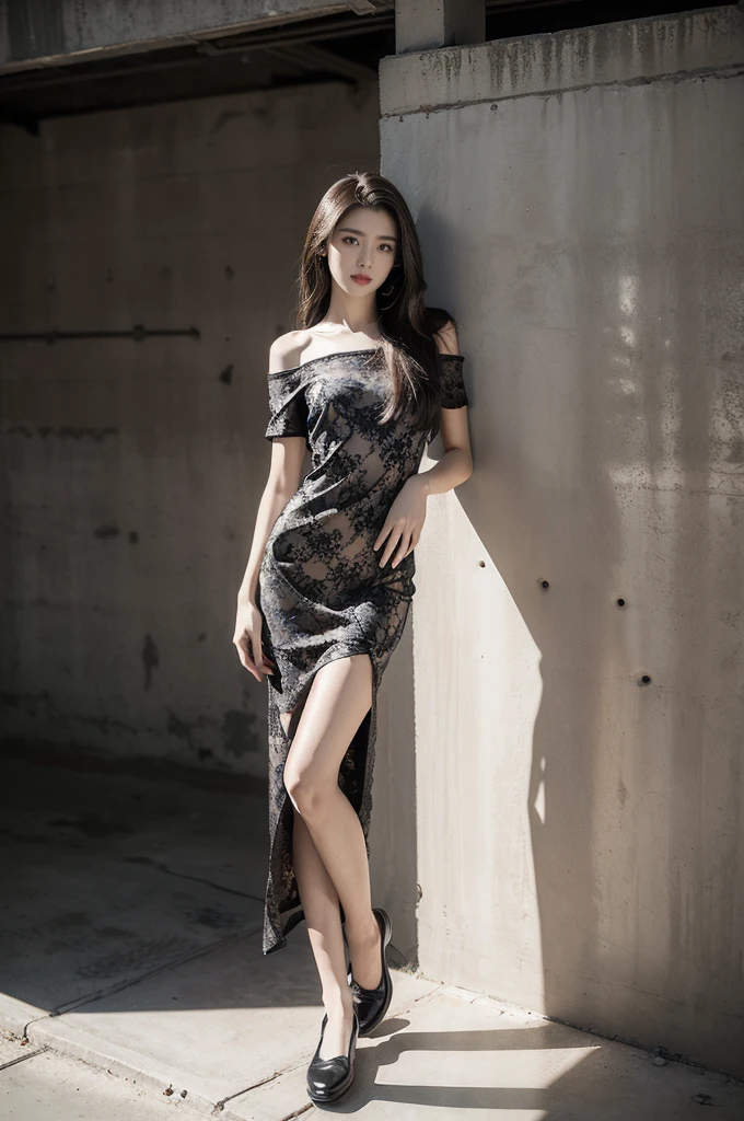 (((best quality))),(((ultra detailed))),(((masterpiece))),illustration,((1 beautiful girl,solo)),((slim,thin)),((small breasts,flat chest)),(shoulder length straight hair:1.2),summer afternoon,((unfinished concrete room,alluring,gray walls)),(short sleeves:1.2),(black lace dress:1.3),(slender legs:1.2),(loafers:1.2),seductive,elegant,full bosom,fair skin,golden strands,delicate features,deep brown eyes,mischief,mystery,enchanting smile,vibrant red lips,serene beauty,self-assuredness,industrial ambiance,raw cement walls,exposed pipes,sexuality,allure,refined beauty,compelling visual narrative,seductive gaze,elegant posture,industrial backdrop,lasting impression,((standing,from front,full body))
