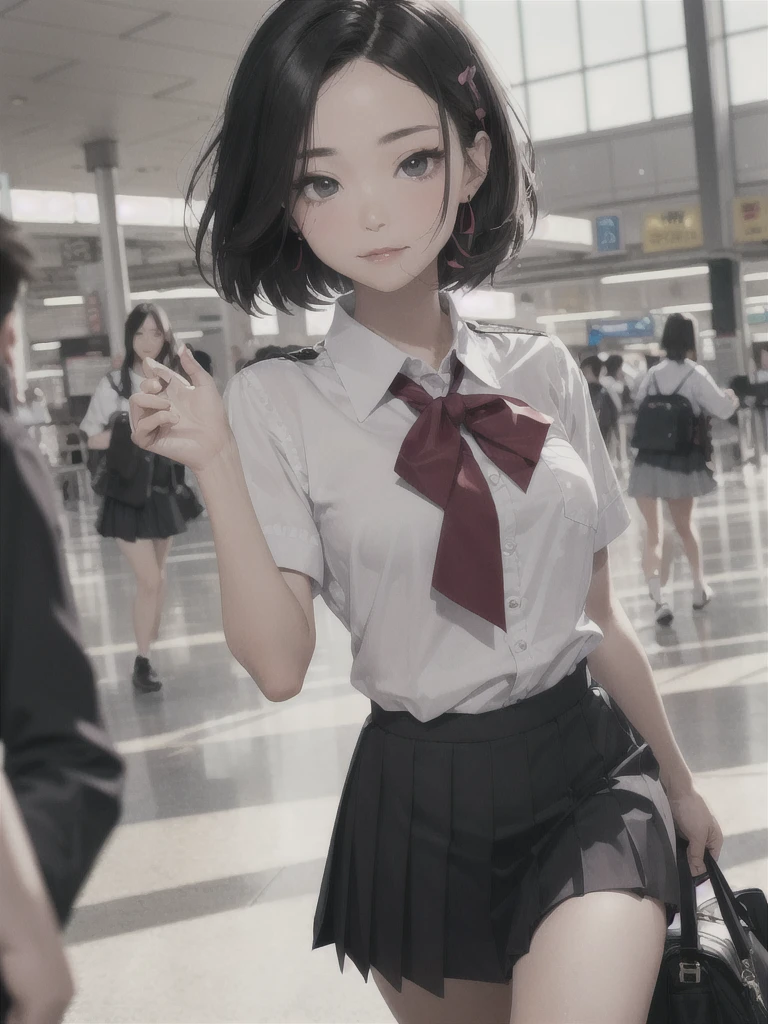((Best of the highest quality, 8k, Masterpiece, raw photo: 1.1)), (Sharp focus: 1.1), (1 AESPA, slim body type female, 22 y/o: 1.1), solo, Portrait Waist Up, (realistic, photo-realistic:1.37), face focus, finely small eyes, (forehead, short bob hair: 1.32), (sharp chin, droopy eyes: 1.32), (sad eyes: 1.1), (Emphasize prominent aegyo-sal with bright: 1.28), shimmering eyeshadow applied under the lower lash line, paired with thick, (small breasts, flat chest, thigh: 1.2), (short bob hair: 1.2), (school uniform, ribbon: 1.28), walking airport terminal, flower, anime