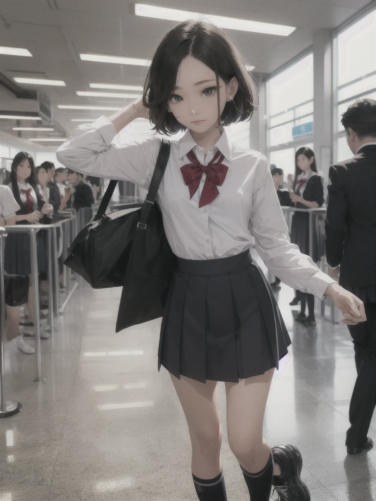((Best of the highest quality, 8k, Masterpiece, raw photo: 1.1)), (Sharp focus: 1.1), (1 AESPA, slim body type female, 22 y/o: 1.1), solo, Portrait Waist Up, (realistic, photo-realistic:1.37), face focus, finely small eyes, (forehead, short bob hair: 1.32), (sharp chin, droopy eyes: 1.32), (sad eyes: 1.1), (Emphasize prominent aegyo-sal with bright: 1.28), shimmering eyeshadow applied under the lower lash line, paired with thick, (small breasts, flat chest, thigh: 1.2), (short bob hair: 1.2), (school uniform, ribbon: 1.28), walking airport terminal, flower, anime