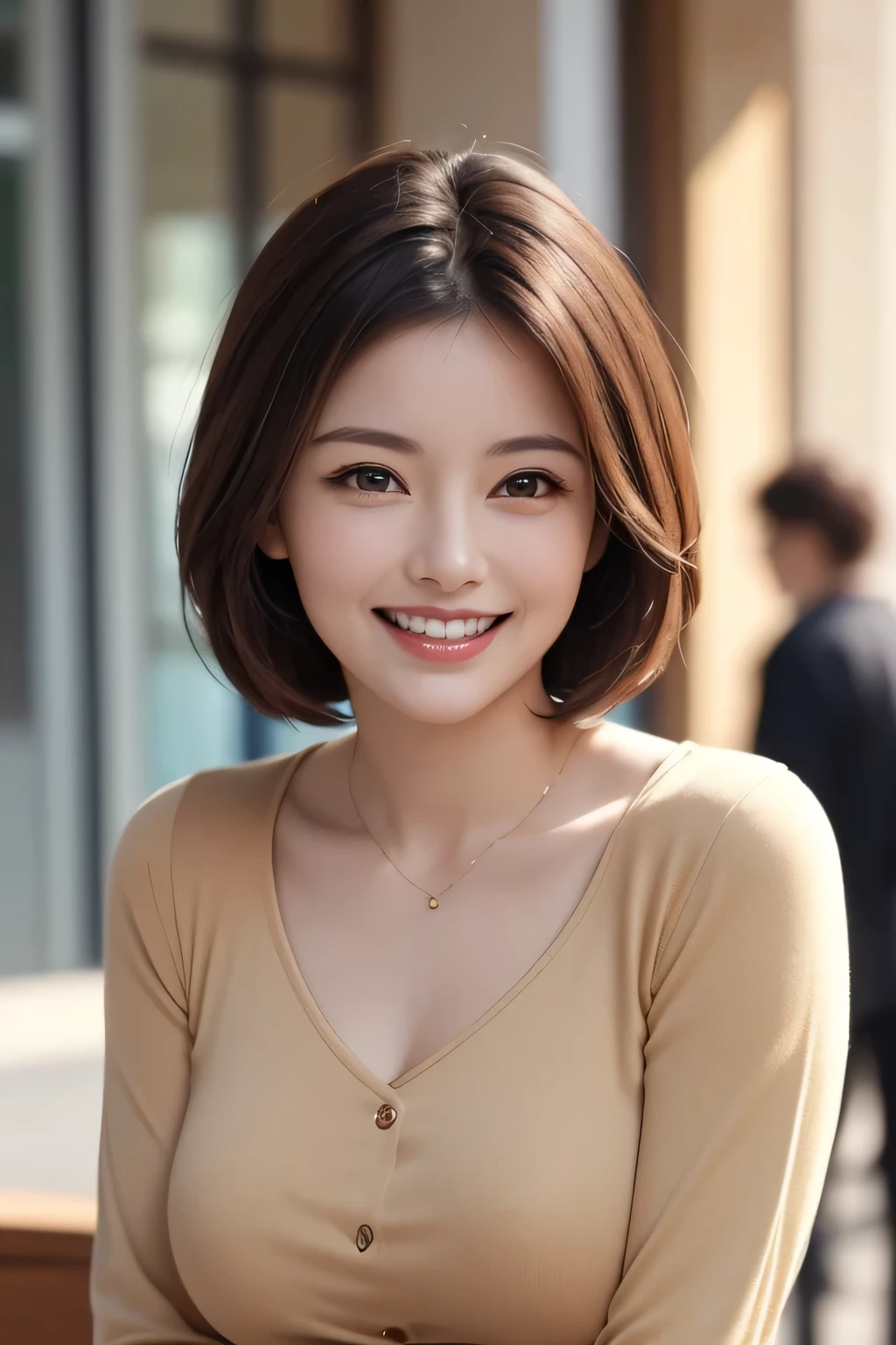 ((masterpiece)), ((Highest quality)), ((Complex)), ((Surreal)), (Realistic), (Mature Woman), ((No classes)), Very detailed, (1 female), Beautiful and exquisite, (Beautiful Teeth), Grin, Brunette Bob Hair, Brown eyes, ((blouse)), (Upper Body), (background:none), Perfect Eyes, Captivating eyes, Looking at the audience