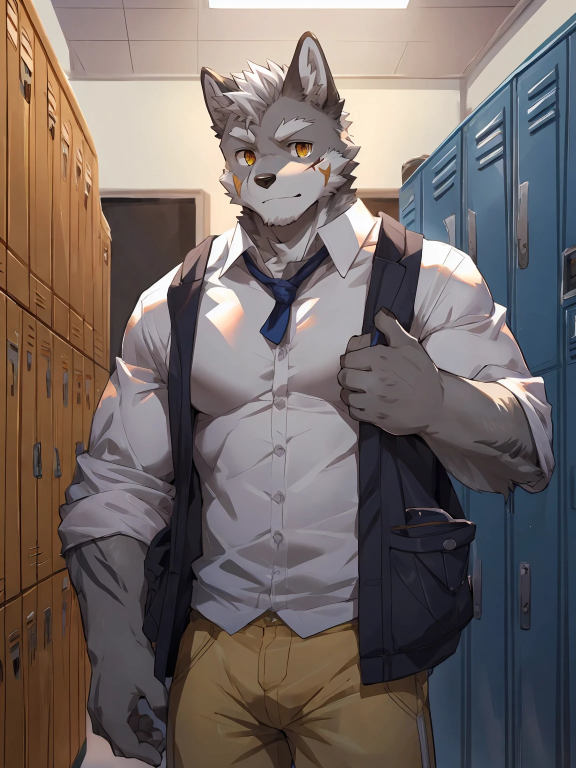 embedding:Gray wolf,Golden Eyes,Single Person,a scar on the face.Gray fur,High school students,male school uniform,A buzz cut,no hair,gray fur,gray hair,Standing by the school locker,Male,youth,Gracilis,Handsome,muscle,A little nervous,Smart,Best quality hands, best quality eye,detailed fur,Delicate eyes.Extreme picture quality,by sollyz,by zixiong,by milkytiger1145