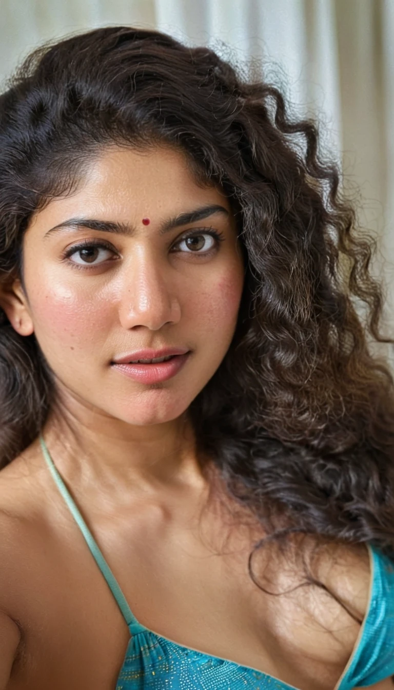 ultrarealistic hires body close up photo of a 30-year-old sai pallavi woman, bedroom, realistic skin texture, looking looking at camera, free curly hair, in bed, in bikini, realistic skin, in bed, cleavage and midriff, taking selfie, true camera pic, beautiful eyes