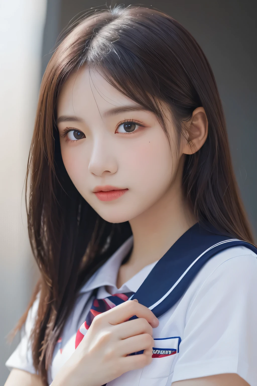 (Beautiful girl hugging:1.3), 17 years old, (Highest quality:1.4), (Very detailed), (Very detailedな顔と目), Short sleeve, (school uniform:1.5),(Spread your hands:1.3), Great face and eyes, iris, Medium Hair, The Beauty of Japan, (Skinny body type:1.3), (Flat Chest:1.3), Smooth, Very detailed CG synthesis 8k wallpaper, High-resolution RAW color photos, Professional photography, Light, BackLight, dream-like, impressive, Written boundary depth, (Face close-up:1.2), (Shoot from the front:1.5), (White background:1.3)