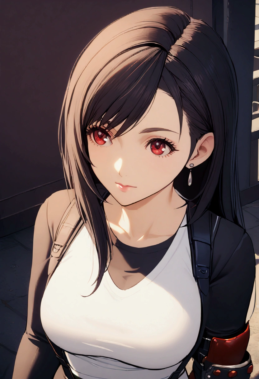 1girl, black hair, school attire, red eyes, tifa lockhart