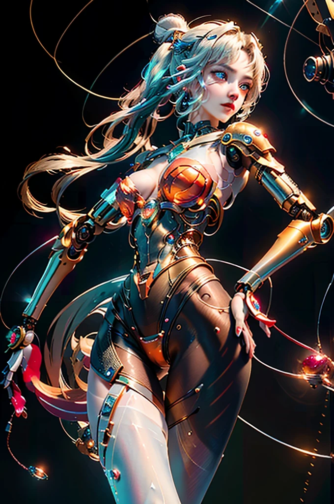 (masterpiece, Highest quality, Highest quality, Official Art, beautifully、beautiful:1.2), (One Girl), (Fractal Art:1.2),Absurd, High resolution, Very detailed, Ultra-precise depiction, Super high-definition description, alone, (Tangled:1.2), Floating Hair, (skinny, The body is slim: 1.2), Sunburned skin, Glowing Skin, (Abstract:1.2),cbpkv5, pantyhose,Show Viewer, whole body, Cyberpunk Robot, Complex robot, Hello, From mooncryptowow、BDSM