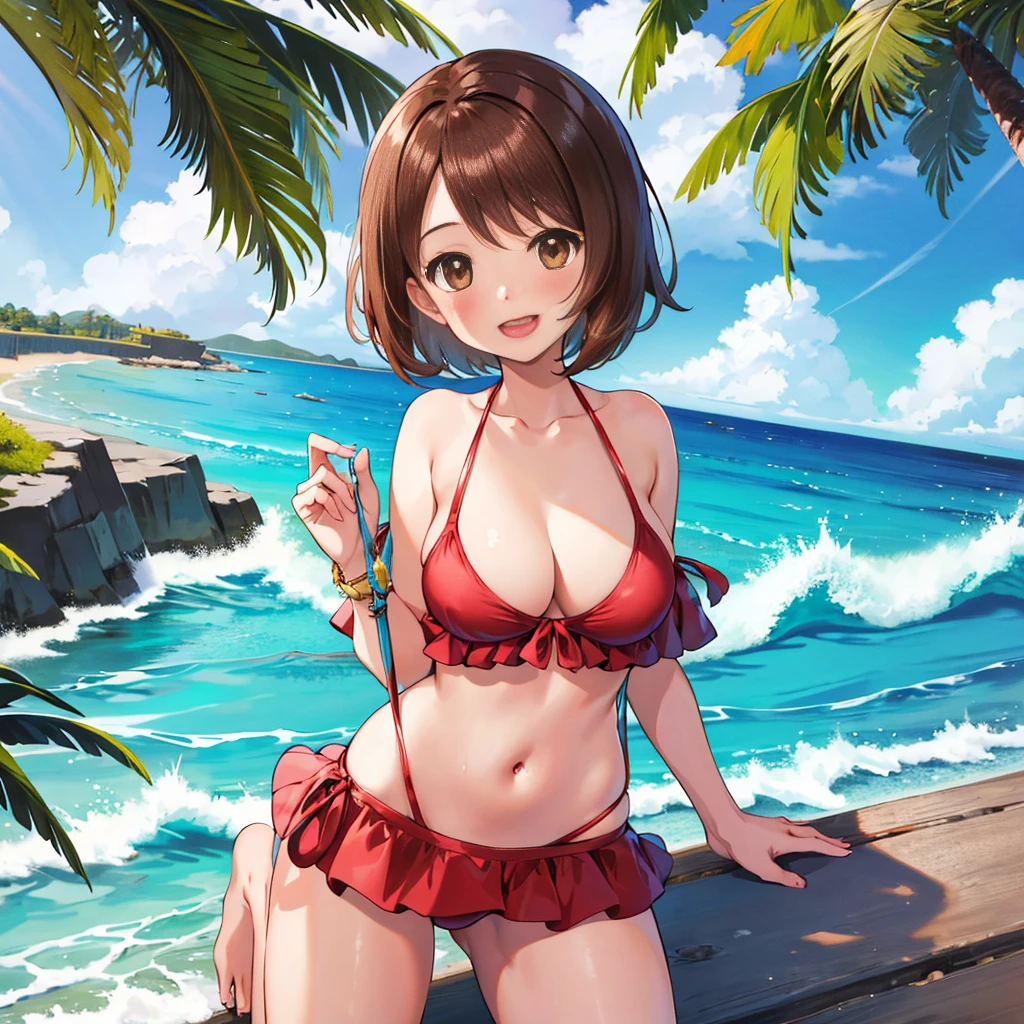 masterpiece, Highest quality, High resolution, Gloria1, 1 Girl, Gloria\(Pokémon\), Brown Hair, , Brown Eyes, , Short Hair, , Bobcut, bangs, , 　１Describe a girl carefully　１Girl　smile　blush　Open Mouth　blush　beach　Ocean　Sexy Bikini