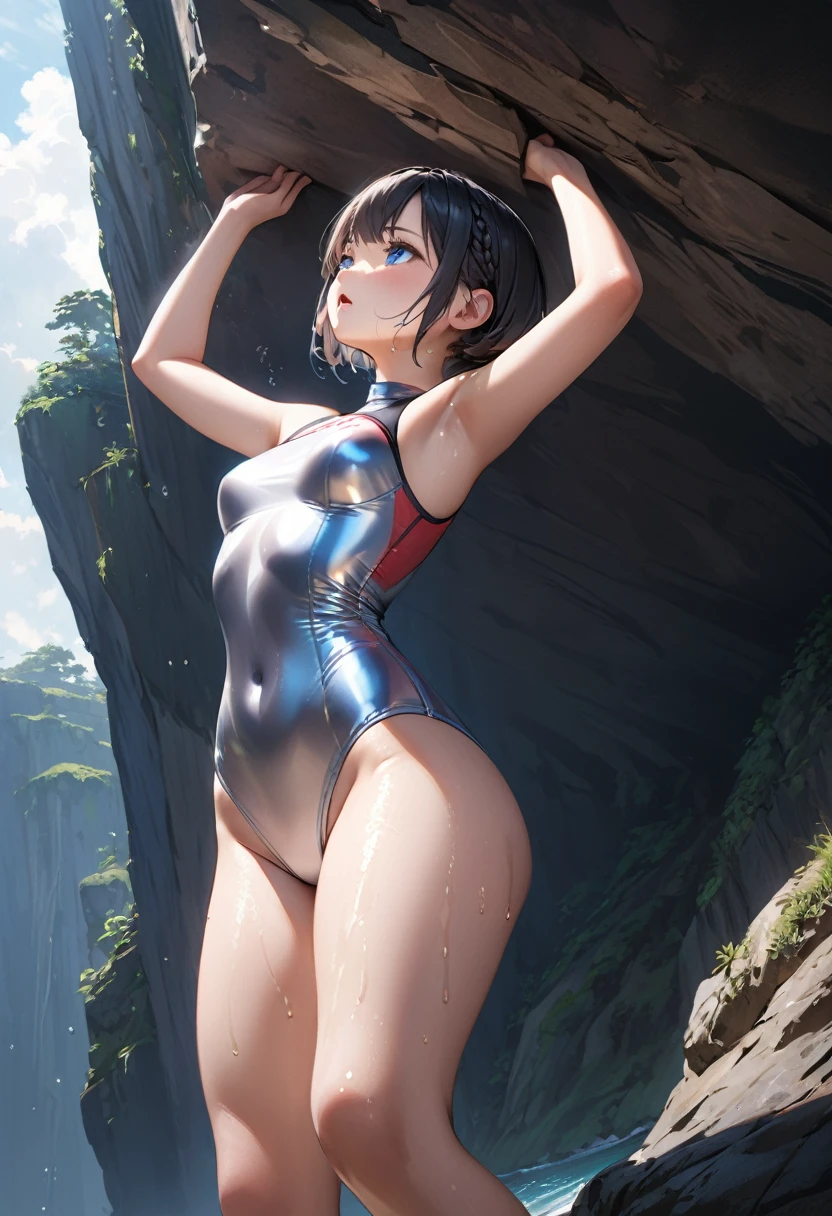 Highest quality, masterpiece, Ultra-high resolution, (Realistic:1.2), RAW Photos, Intricate details, Portraiture, Big beautiful blue eyes, Perfect contours, Girl, break ((full body:1.2, from below:1.2, side shoot, looking away:1.2)), (petite, short, tiny girl:1.2), Black Hair、Braided Bob, (perky breasts:1.2, high breasts:1.2), (curvy waist:1.2), Competitive swimmer, (one piece:1.2, turtleneck:1.2, Sleeveless swimsuit:1.2, barefoot), (Fluorescent metallic grey, tight high leg swimsuit:1.2), break ((An overwhelmingly tall cliff isolated from the surrounding area:1.2)), Sitting on the edge of a cliff:1.2, Close your legs:1.2、(He is stretching his upper body by arching his back.)、 (There are low islands around々and existence:1.2), (Anxious expression、His mouth is twitching with fear、Watery eye), (Wet Skin), armpit, (empty-handed)、