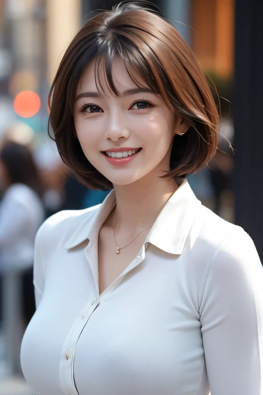 ((masterpiece)), ((Highest quality)), ((Complex)), ((Surreal)), (Realistic), (Mature Woman), ((No classes)), Very detailed, (1 female), Beautiful and exquisite, (Beautiful Teeth), Grin, Brunette Bob Hair, Brown eyes, ((blouse)), (Upper Body), (background:none), Perfect Eyes, Captivating eyes, Looking at the audience