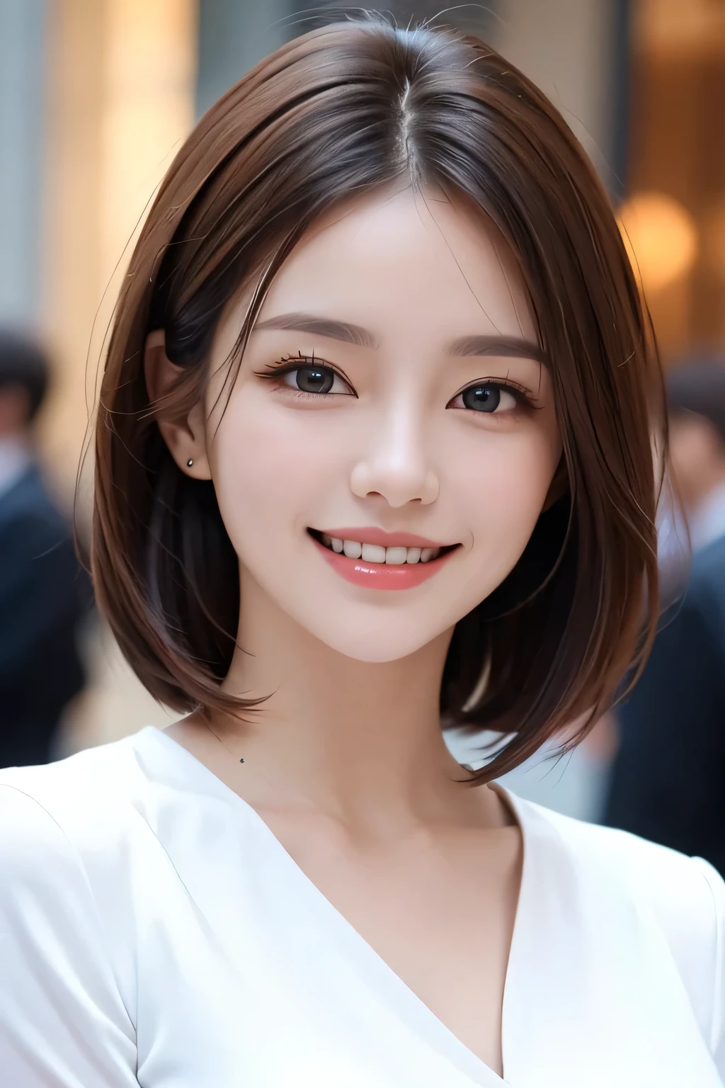 ((masterpiece)), ((Highest quality)), ((Complex)), ((Surreal)), (Realistic), (Mature Woman), ((No classes)), Very detailed, (1 female), Beautiful and exquisite, (Beautiful Teeth), Grin, Brunette Bob Hair, Brown eyes, ((blouse)), (Upper Body), (background:none), Perfect Eyes, Captivating eyes, Looking at the audience