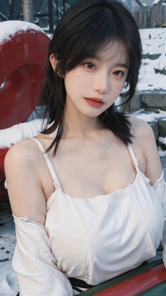 Portrait photography,1 girl,Snow Scene,Snowing background,Push-up non-slip tube top ,(whole body:1.4),Lipstick,(Big Breasts:1.6),Headband,serene,calm,(Realistic and detailed eyes,Natural skin texture,Realistic facial details),