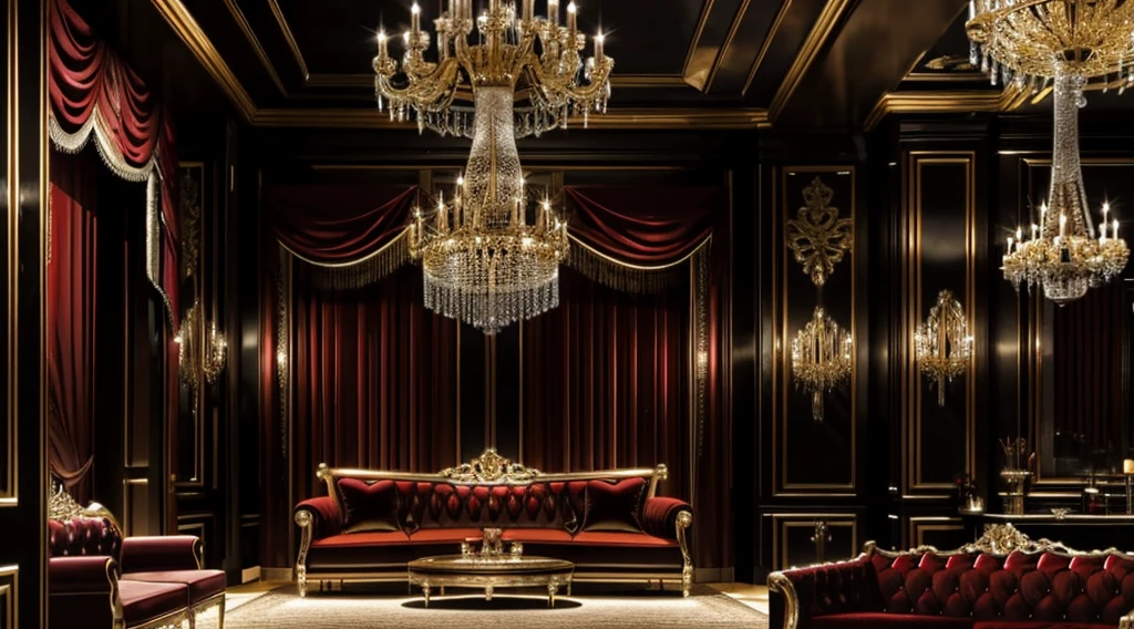 A luxurious, dimly lit bar interior with a sophisticated and opulent design. The seating area is adorned with plush, deep red velvet upholstery on the walls, sofas, and stools. The walls are also draped with rich red curtains, enhancing the elegant ambiance. Multiple crystal chandeliers hang from the ceiling, casting a warm and inviting glow throughout the space. The tables are small and round, with glossy black surfaces and gold accents on the bases, adding to the lavish atmosphere. Large mirrors on the walls reflect the chandeliers, creating an illusion of a more expansive space and amplifying the lighting. The overall mood is intimate and stylish, perfect for a high-end bar or lounge setting.