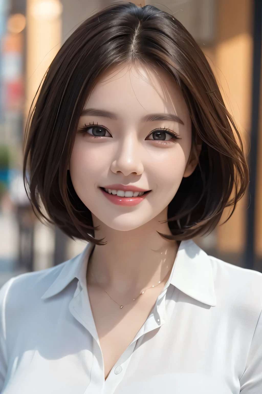 ((masterpiece)), ((Highest quality)), ((Complex)), ((Surreal)), (Realistic), (Mature Woman), ((No classes)), Very detailed, (1 female), Beautiful and exquisite, (Beautiful Teeth), Grin, Brunette Bob Hair, Brown eyes, ((blouse)), (Upper Body), (background:none), Perfect Eyes, Captivating eyes, Looking at the audience