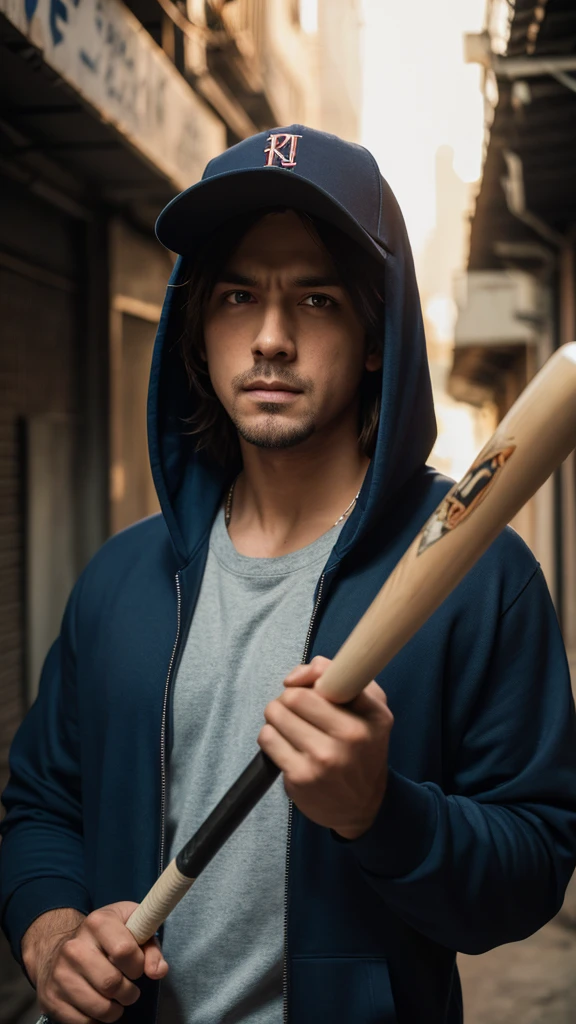 Holding a baseball bat, Alley, Condescending Gaze, builtupnecklinehoodie, look down, Glare, cinematic lighting, UHD, best quality, highres, 8k