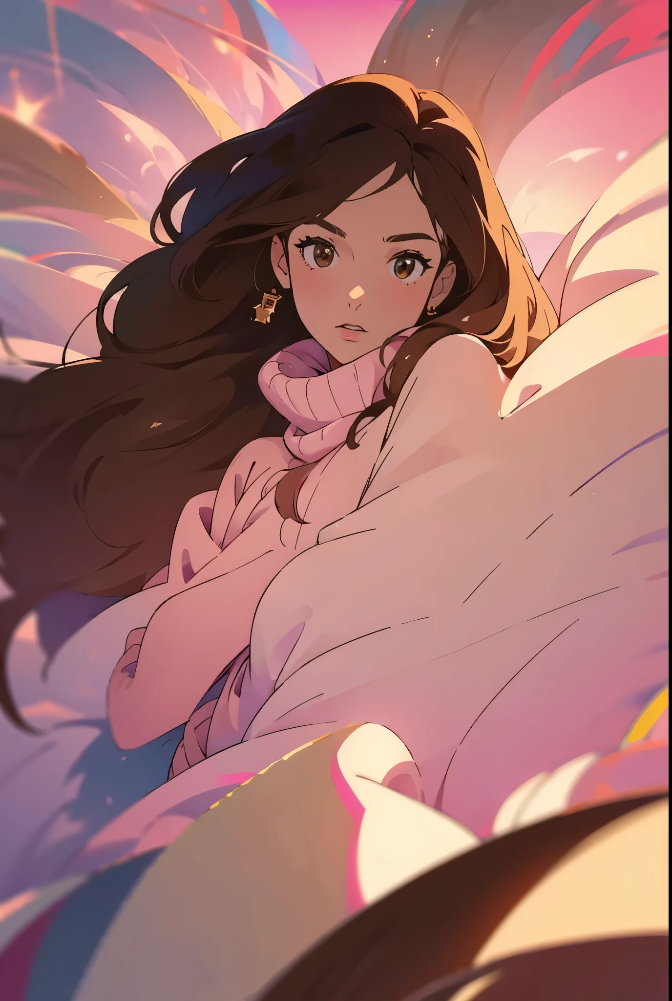 Girl, long straight brown hair, brown eyes, sharp features, white skin, pink lips, sweater
