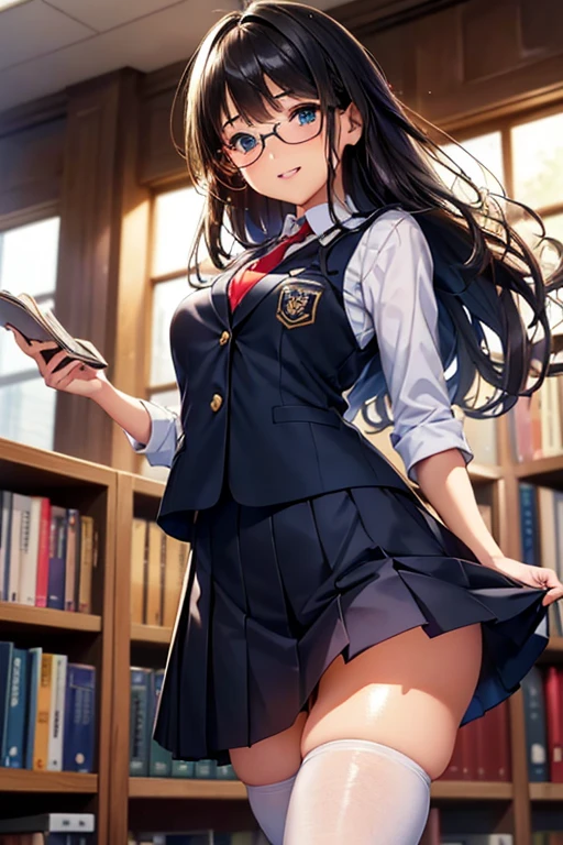 #基本
女の子がphotographのポーズをとっている, ((One Girl)), (((Baby Face:1.2)) + ((cute:1.3))),
#女の子がphotographのポーズをとっている, ((One Girl)), (((Baby Face)) + ((cute)) + 16 years old),
break
#Clothing Accessories
(Dark blue student blazer + Navy blue student vest + white dress shirt + Red tie + Red and white checked pleated skirt + Shiny black pantyhose + Black round glasses + Black Loafers)
break
#Features
((Black Hair:1.3)), (Curly hair), (Braid : Long Hair + Thin Hair + Hair blowing in the wind + Messy Hair),
(Droopy eyes, blue eyes), (Very small breasts),
break
#background environment
(noon, (School Library, Bookshelf side)),
#Facial Expression Pose
((smile), (Searching for a book on the shelf, Standing on tiptoes)),
#composition
((To the camera, Focus from below, Cowboy Shot)),
break
#Body parts elements
(Slim figure),
(Detailed Hair, Beautiful Hair, Shiny Hair),
(double eyelid, Long eyelashes),
(Expression of fine eyes, Beautiful and delicate eyes, Sparkling eyes, Eye Reflexes, Glitter Eyeliner),
(Human Ear),
(Beautiful Nose, Thin Nose),
(Glossy Lips, Beautiful Lips, Thick lips, Glossy Lips, Natural Cheeks),
(Detailed face, Symmetrical facial features),
(Detailed skin, Textured skin, Beautiful Skin, Glowing Skin),
break
#Quality Image Quality Common
(((Highest quality)), ((masterpiece)), ((Very detailed))), ((High resolution)), ((16K,1080P)),
(Anatomically correct), (Realistic), (3DCG),
#Quality image illustration
((comics, anime)), CG illustration,
#Quality image quality realistic
#(photo-Realistic:1.37), (Photorealistic), ((RAWphotograph)), (photograph),