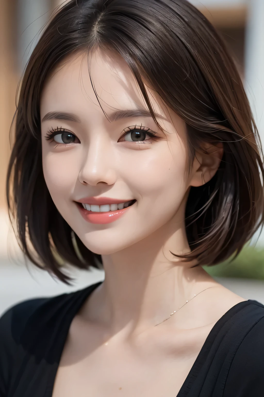 ((masterpiece)), ((Highest quality)), ((Complex)), ((Surreal)), (Realistic), (Mature Woman), ((No classes)), Very detailed, (1 female), Beautiful and exquisite, (Beautiful Teeth), Grin, Brunette Bob Hair, Brown eyes, ((blouse)), (Upper Body), (background:none), Perfect Eyes, Captivating eyes, Looking at the audience