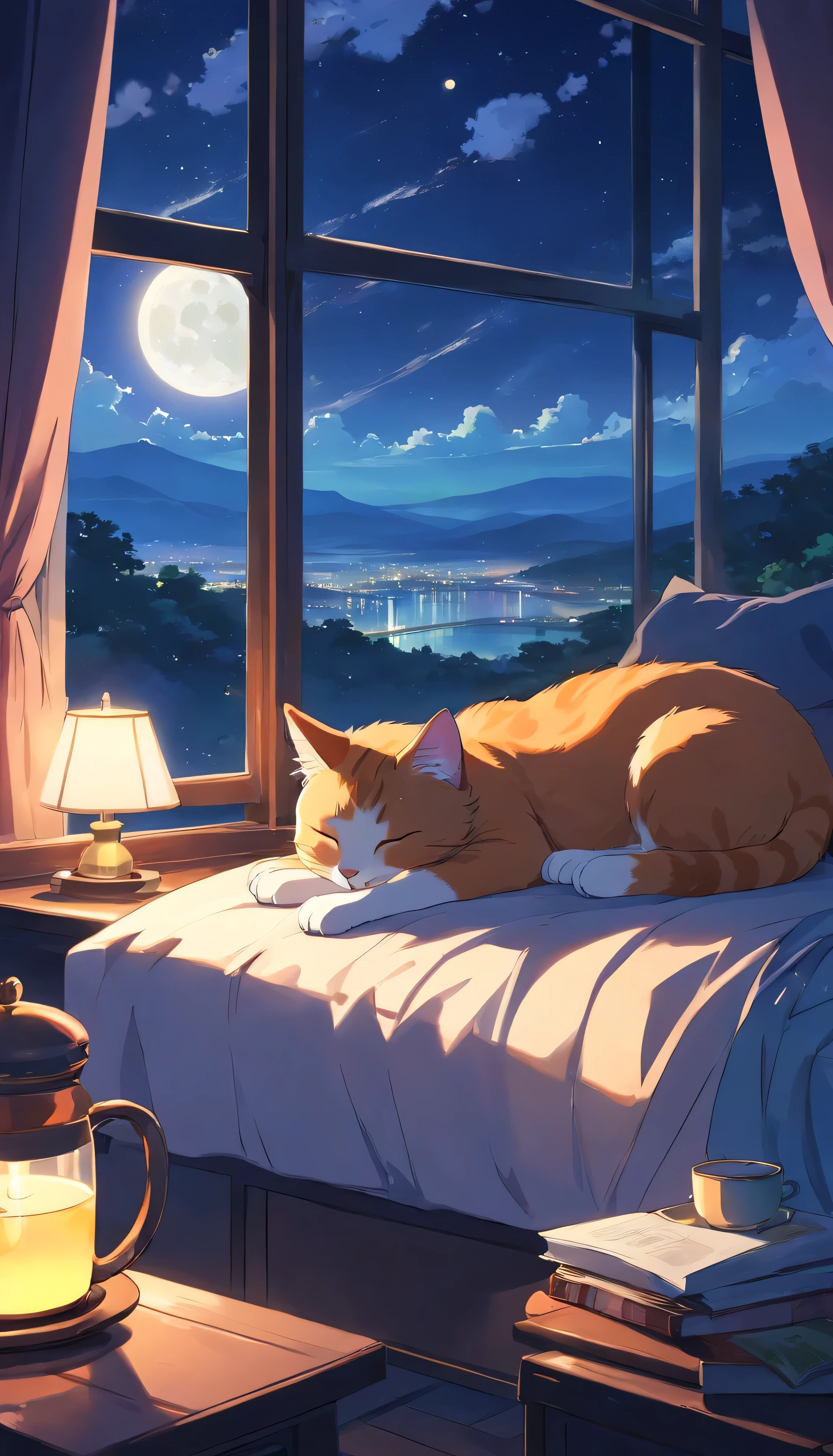 Anime cat sleeping on a bed in a room with a window - SeaArt AI