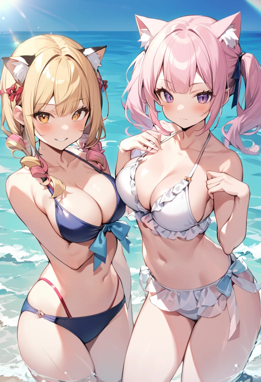 tanaka hime, pink hair, streaked hair, multicolored hair, sidelocks, suzuki hina, blonde hair, long hair, skinny, small breasts, himehina, 2girls, bikini, sunglasses, beach, ocean, looking at viewer, smirk, blush, sweat, arms behind head, masterpiece, best quality,open mouth,tongue