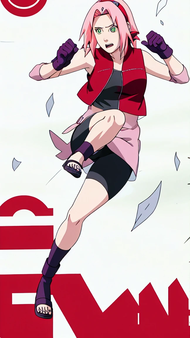 Sakura Haruno, Sakura Shippuden, open shirt,Unbuttoned, Split in the middle of the shirt, Sleeveless, Masterpiece, 1 woman, green eyes, condescending, elbow covers, black gloves, full body,Leg kick,Raise your legs.