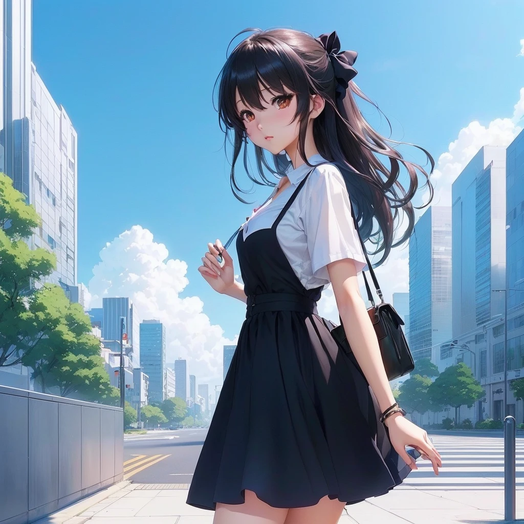 黒い短いドレスを着て歩道を歩いているAnime Girls, 黒いドレスを着たAnime Girls, Cute girl anime visuals, Anime Moe Art Style, Anime Style. 8k, Beautiful anime school girl, Anime Style 4 k, Smooth anime CG art, High quality anime art style, Anime Girls, 若いAnime Girls, Style Anime