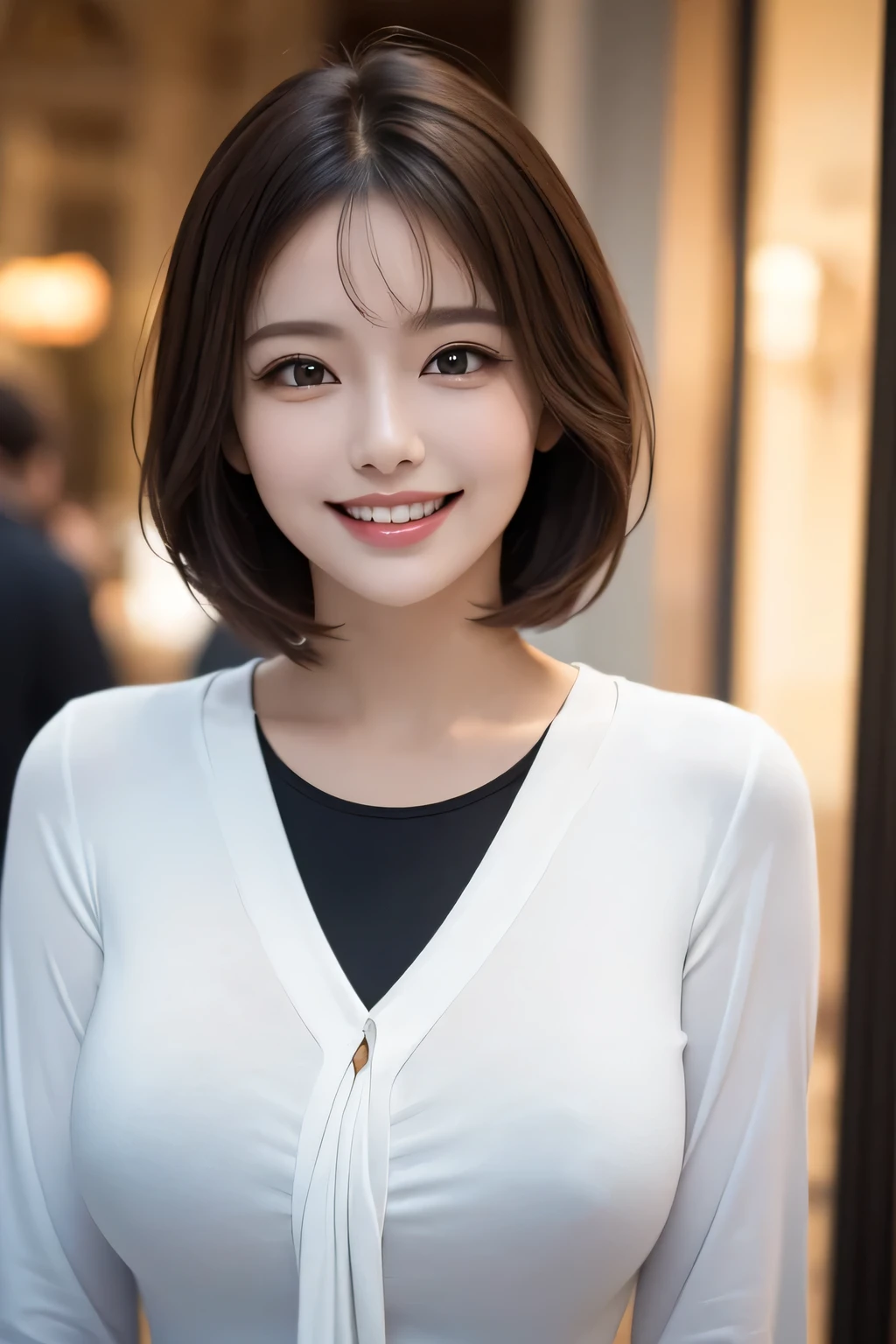 ((masterpiece)), ((Highest quality)), ((Complex)), ((Surreal)), (Realistic), (Mature Woman), ((No classes)), Very detailed, (1 female), Beautiful and exquisite, (Beautiful Teeth), Grin, Brunette Bob Hair, Brown eyes, ((blouse)), (Upper Body), (background:none), Perfect Eyes, Captivating eyes, Looking at the audience