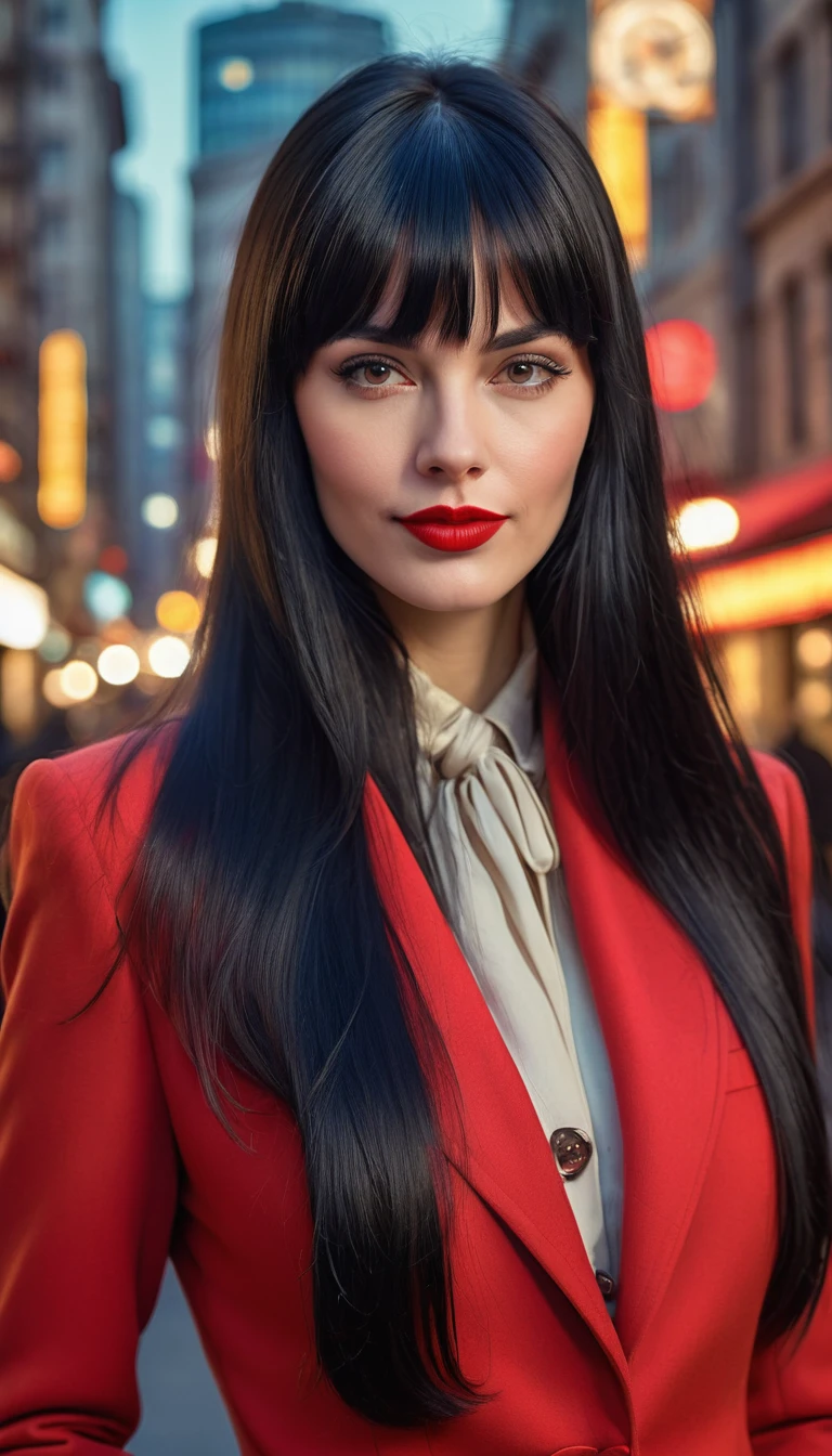 High-quality realistic acrylic art, vivid colors, lateral point of view, a beautiful vintage european woman with long black straight hair, bangs, looking at the viewer with suspicious face and a shy smile, red lips, she wears vintage suit, tight gloves, big city background