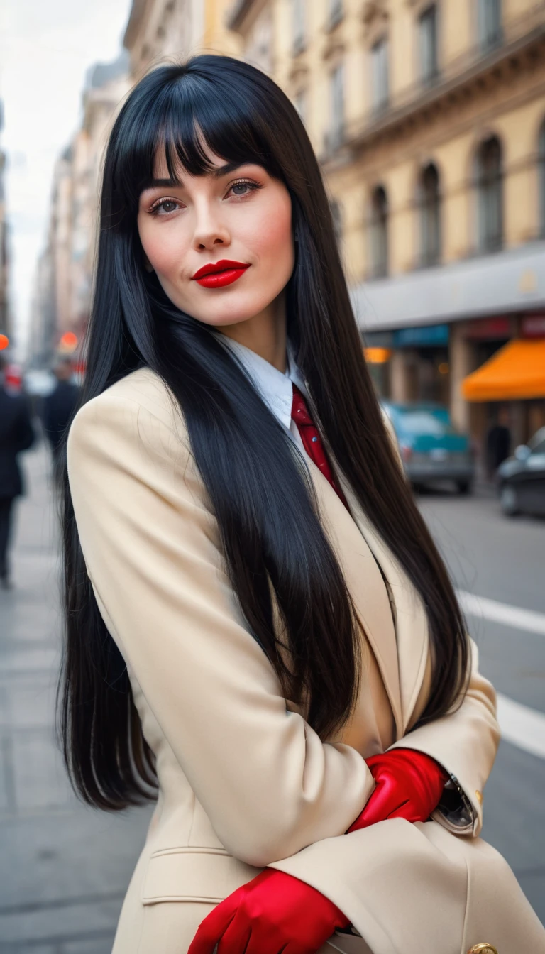 High-quality realistic acrylic art, vivid colors, lateral point of view, a beautiful vintage european woman with long black straight hair, bangs, looking at the viewer with suspicious face and a shy smile, red lips, she wears vintage suit, tight gloves, big city background