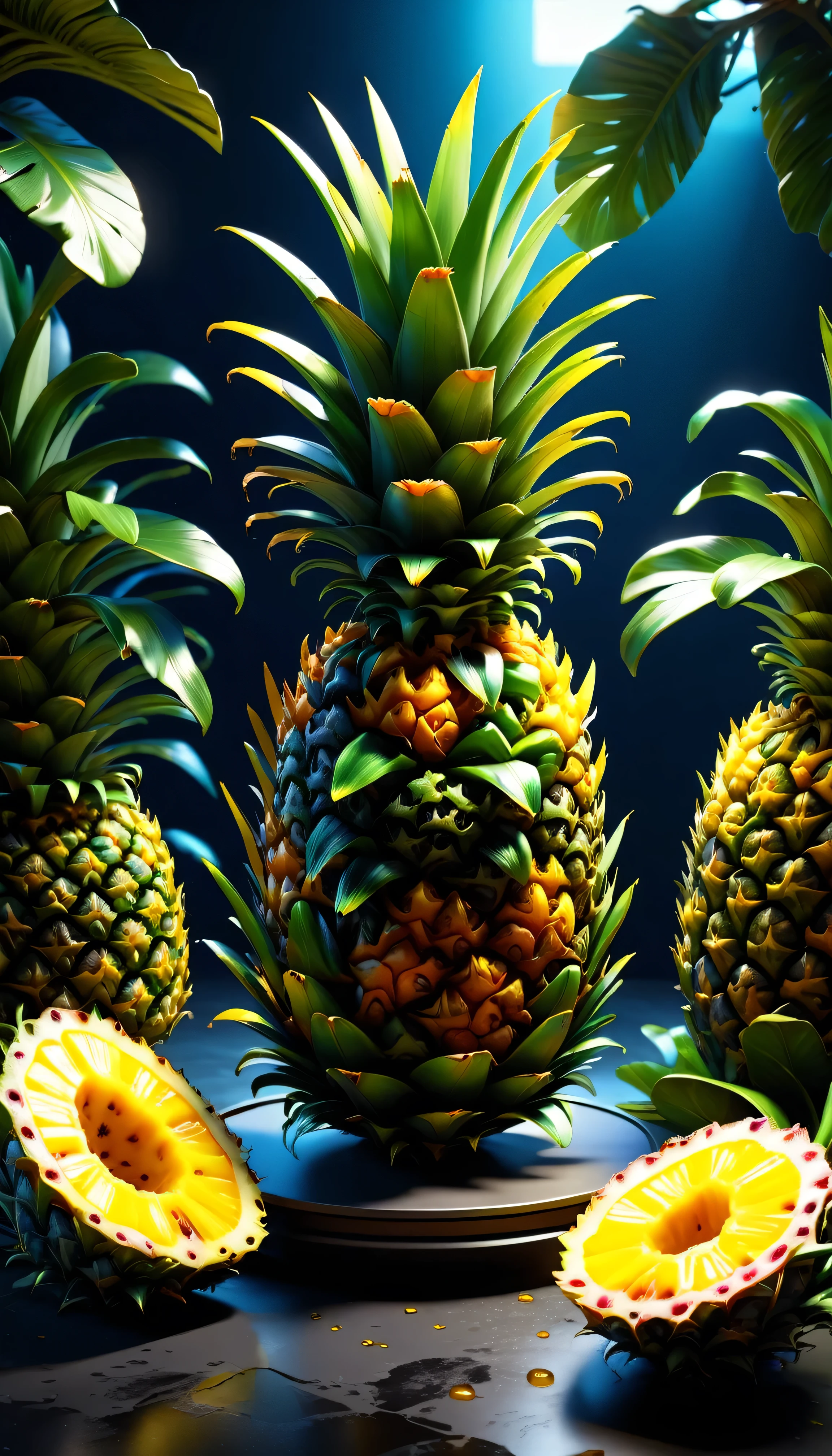 hyper detailed masterpiece pineapple ,dynamic,awesome quality,floating liquid plant,ral-passion fruit,photorealistic,cinematic lighting,3d,highly detailed,intricate details,ultra-realistic,ultra-detailed,hyperrealistic,hyper-realistic,octane render,4k,8k,highly detailed description,sharp focus,extremely detailed,professional digital art,concept art,studio lighting,physically-based rendering,volumetric lighting,vibrant colors,natural colors,realistic textures,vivid colors,dramatic lighting