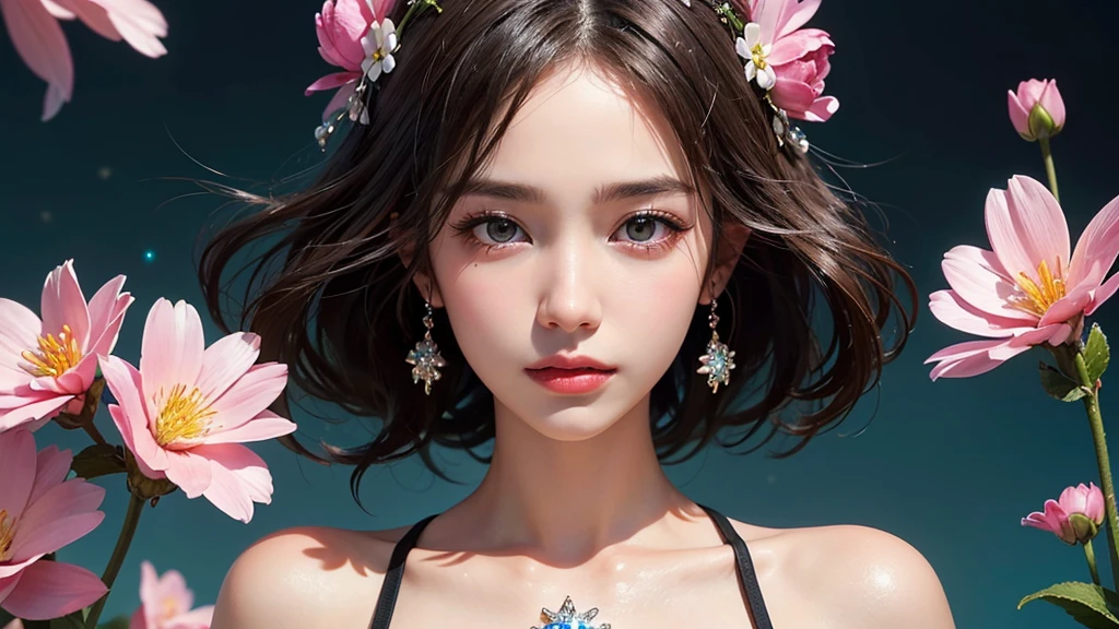 One girl, alone, flower畑, flower, (Official Art, unity 8k wallpaper, Super detailed, beautifully、aesthetic, masterpiece ,Highest quality:1.3), (Dynamic Angle:1.2), (Floating colorful sparkles:1) , elegant, Vibrant colors, Highly detailed face, Detailed eyes, Glowing Skin, Glossy Lips , 淡いpinkと淡いオレンジの背景, pink,