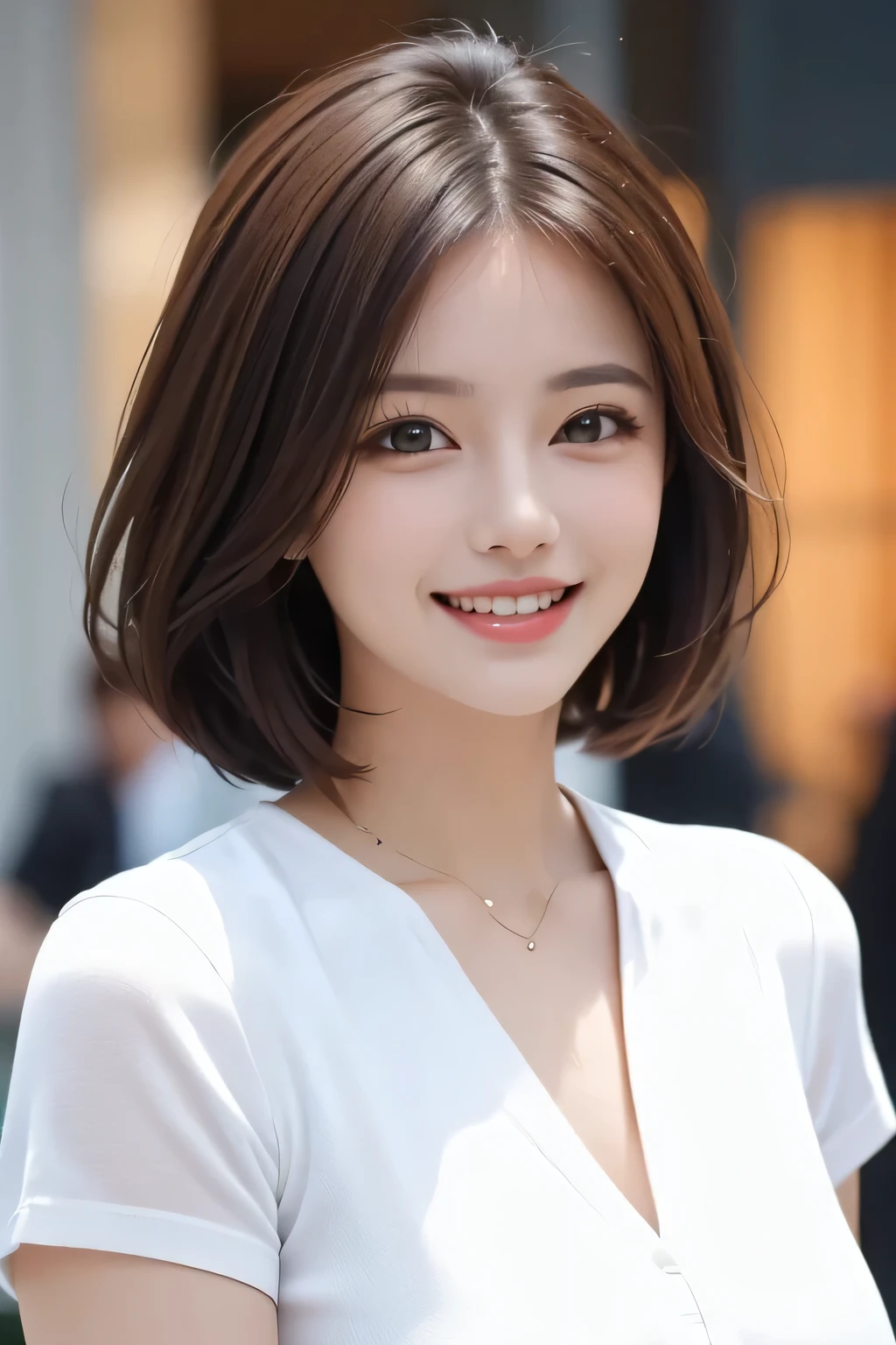 ((masterpiece)), ((Highest quality)), ((Complex)), ((Surreal)), (Realistic), (Mature Woman), ((No classes)), Very detailed, (1 female), Beautiful and exquisite, (Beautiful Teeth), Grin, Brunette Bob Hair, Brown eyes, ((blouse)), (Upper Body), (background:none), Perfect Eyes, Captivating eyes, Looking at the audience