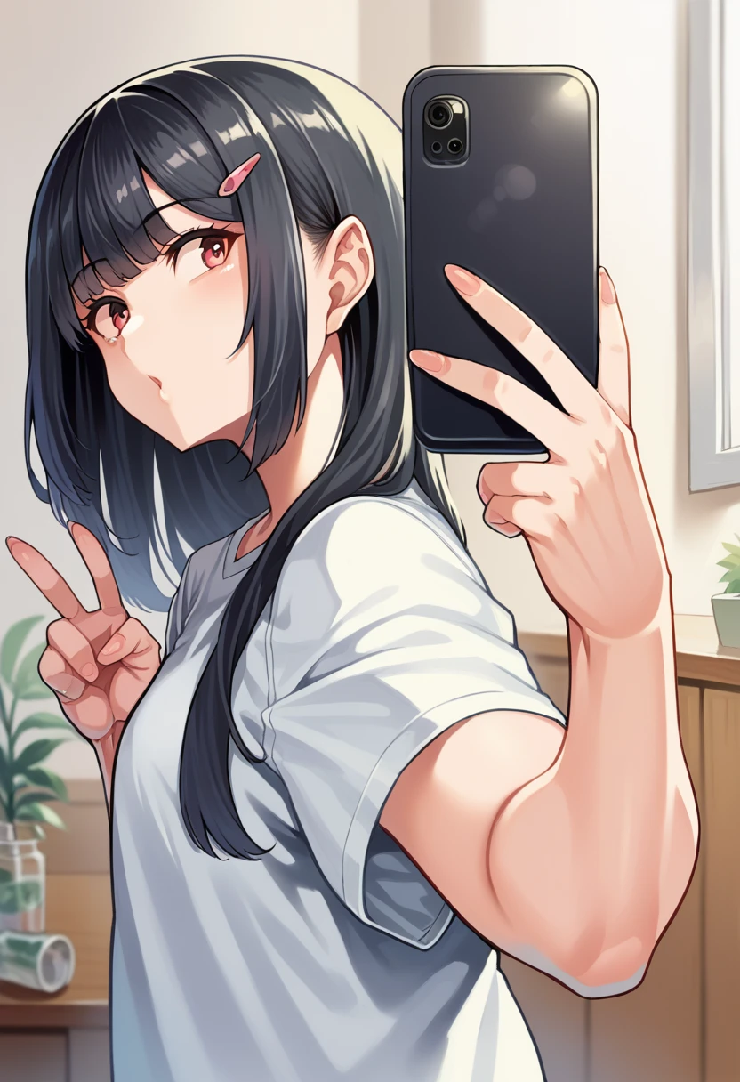 score_9, score_8_Excellent, score_7_Excellent,   Cowboy Shot, From the side,  One Girl, smartphone,  Selfie,  amount,  Hair Clip, Voice of the Heart, Black Hair, bangs,
,   
