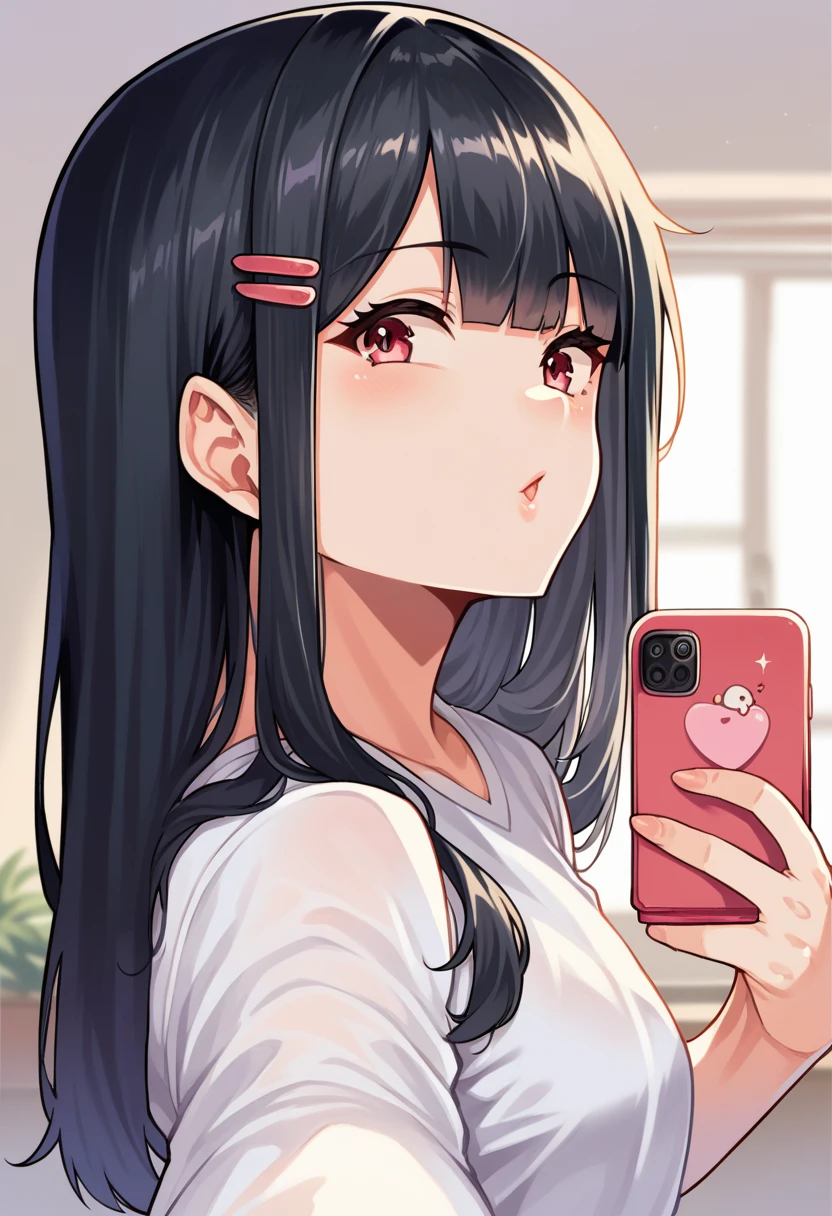 score_9, score_8_Excellent, score_7_Excellent,   Cowboy Shot, From the side,  One Girl, smartphone,  Selfie,  amount,  Hair Clip, Voice of the Heart, Black Hair, bangs,
,   