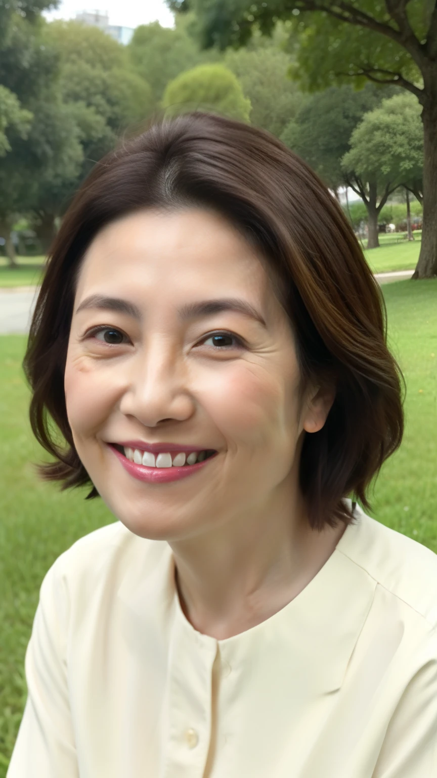 Standing in the park, Wrinkles around the eyes, Smiling with teeth showing, Plain short-sleeved clothing, senior citizen, Draw lips correctly, Red lipstick, No discomfort, 16K, Highest quality, Very detailed, Realistic, Very detailed肌, (Japanese), (alone), 100 years old, Large Breasts, , Glamour, sexy, Chromo White Skin, Staring straight ahead,