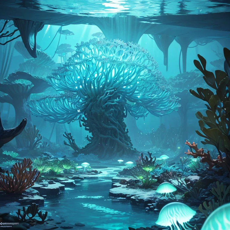 masterpiece, best quality, (Very detailed CG unified 8k wallpaper), (best quality), (Best illustration), (The best shades), Ocean themed，Incorporating natural elements. tall mangrove forest, rich Marine plants, Luminescent jellyfish, surrounded by fish, 發光Particle Effects,, (Marine plants), (marine theme), ((glowing algae)), (coral), ((Luminescent jellyfish )), ((Luminous organisms in seawater)), ((Sea Fire)), (((Particle Effects))), Isometric 3D, Octane Rendering, Ray tracing, Super detailed
