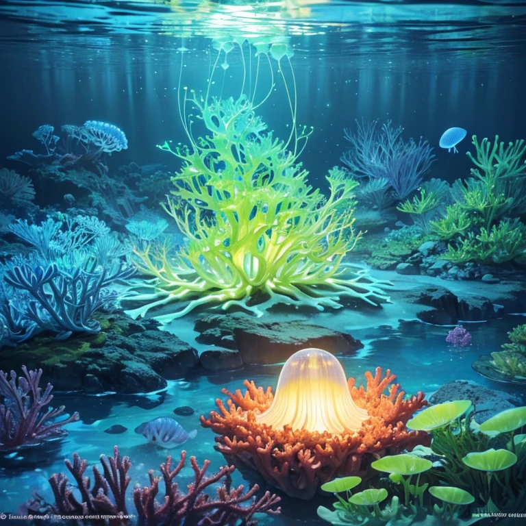 masterpiece, best quality, (Very detailed CG unified 8k wallpaper), (best quality), (Best illustration), (The best shades), Ocean themed,Incorporating natural elements. tall mangrove forest, rich Marine plants, Luminescent jellyfish, surrounded by fish, 發光Particle Effects,, (Marine plants), (marine theme), ((glowing algae)), (coral), ((Luminescent jellyfish )), ((Luminous organisms in seawater)), ((Sea Fire)), (((Particle Effects))), Isometric 3D, Octane Rendering, Ray tracing, Super detailed