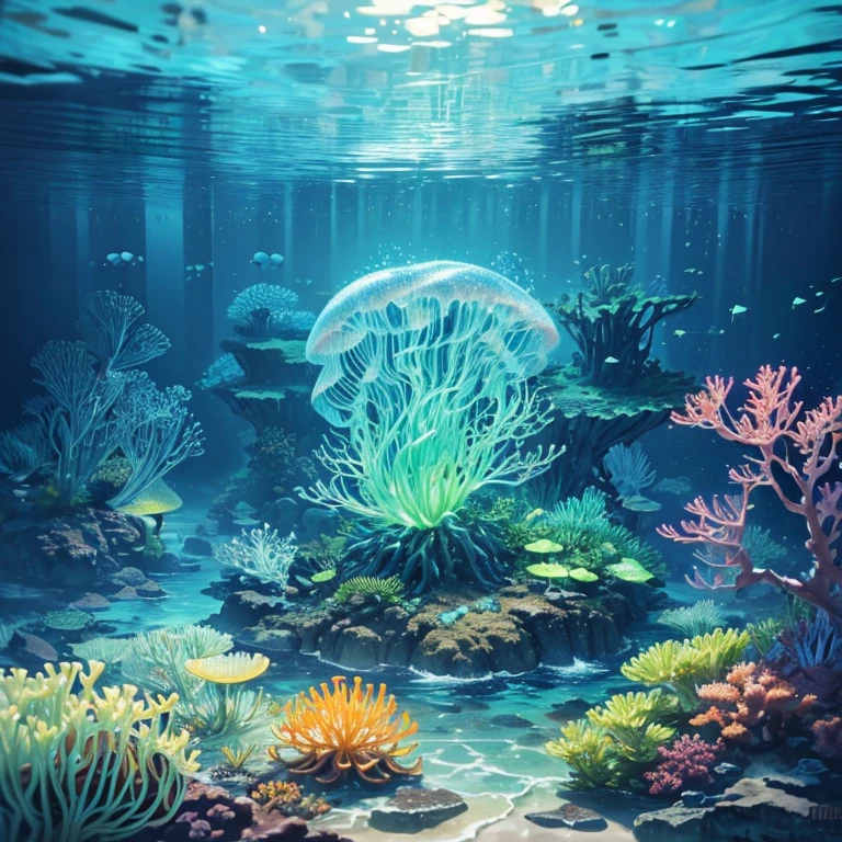 masterpiece, best quality, (Very detailed CG unified 8k wallpaper), (best quality), (Best illustration), (The best shades), Ocean themed,Incorporating natural elements. tall mangrove forest, rich Marine plants, Luminescent jellyfish, surrounded by fish, 發光Particle Effects,, (Marine plants), (marine theme), ((glowing algae)), (coral), ((Luminescent jellyfish )), ((Luminous organisms in seawater)), ((Sea Fire)), (((Particle Effects))), Isometric 3D, Octane Rendering, Ray tracing, Super detailed